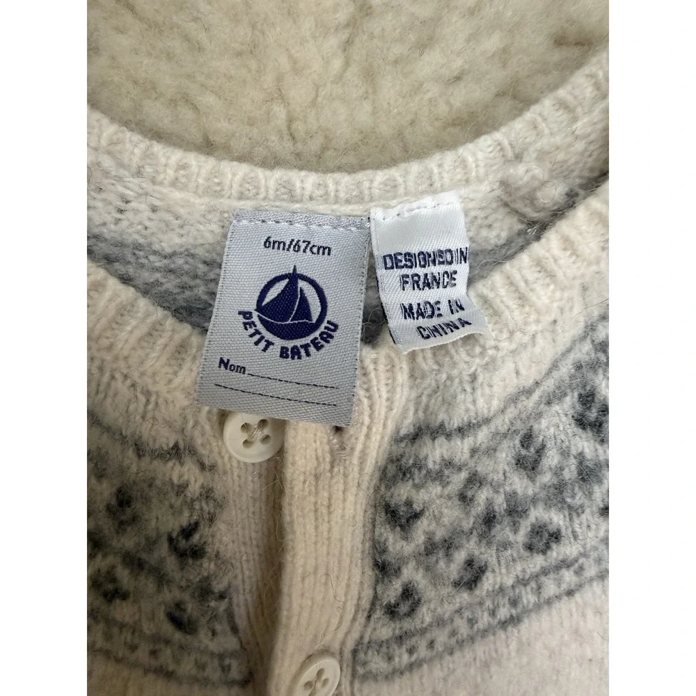 Petit Bateau 6M Baby Wool Alpaca Knit One Piece Romper Fair Isle Nordic Sweater